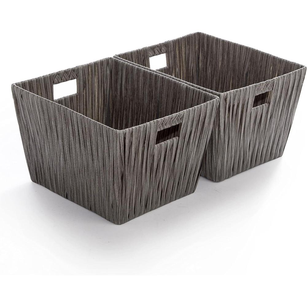image:imageBINO 2 Pack Woven Resin Basket Organizer  Shelf Organizer with Builtin Carry Handles Medium  Dark Grey
