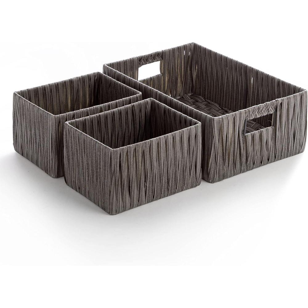 image:imageBINO 3 Pack Woven Resin Basket Organizer  Shelf Organizer with Builtin Carry Handles  Dark Grey