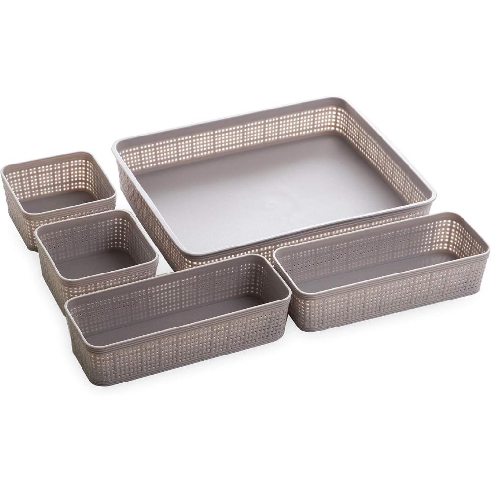 image:imageBINO 5Piece Woven Plastic Storage Basket Set Light Grey