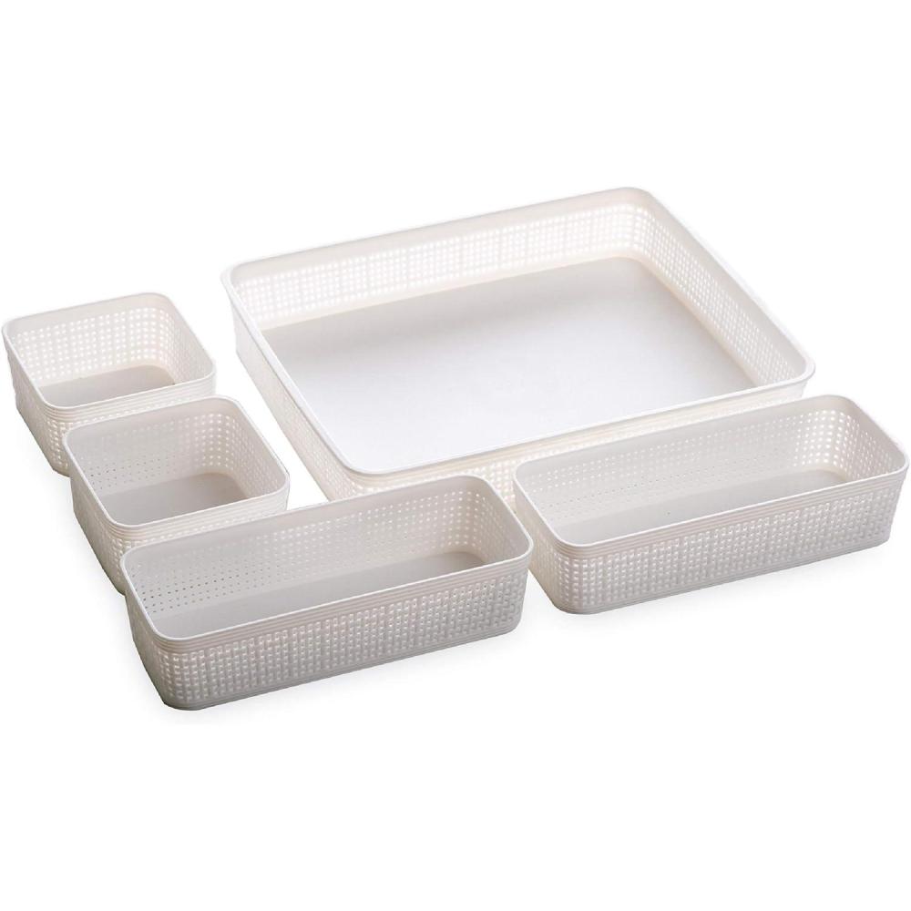 image:imageBINO 5Piece Woven Plastic Storage Basket Set White