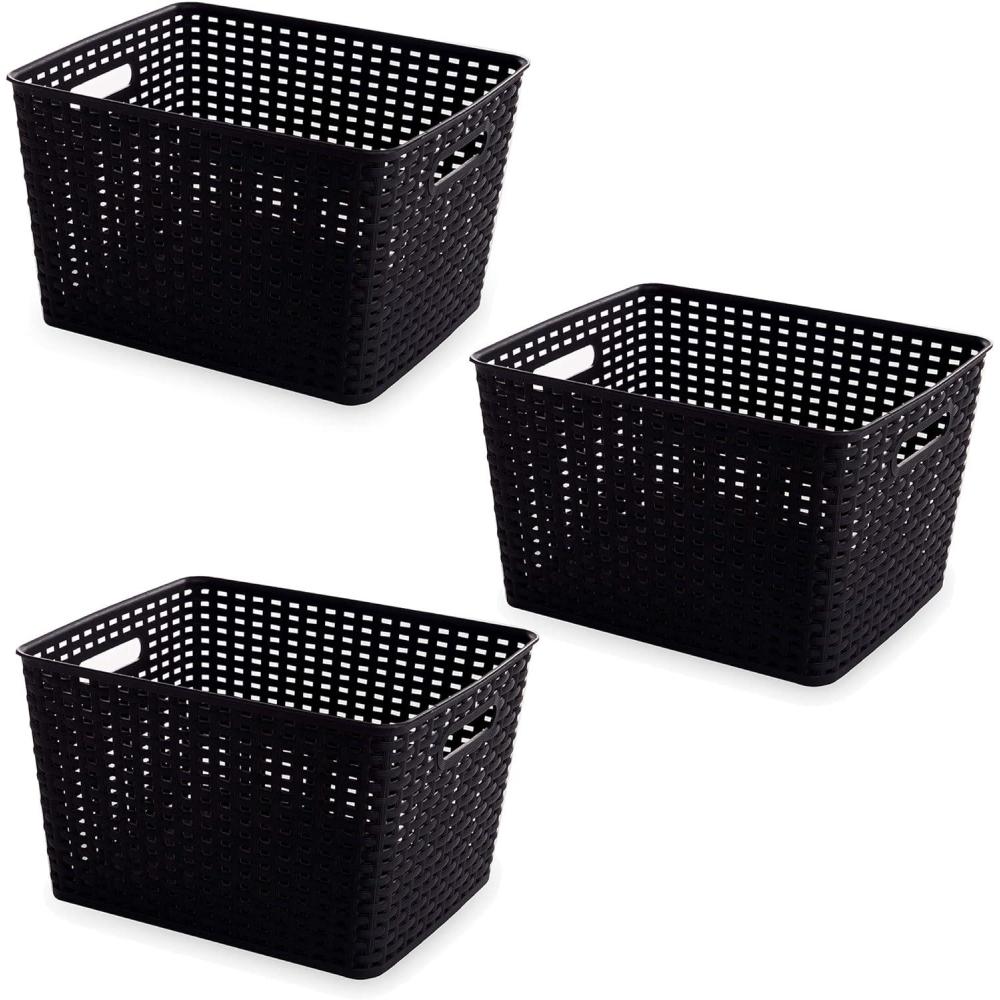 image:imageBINO Woven Plastic Storage Basket Black 3PKL