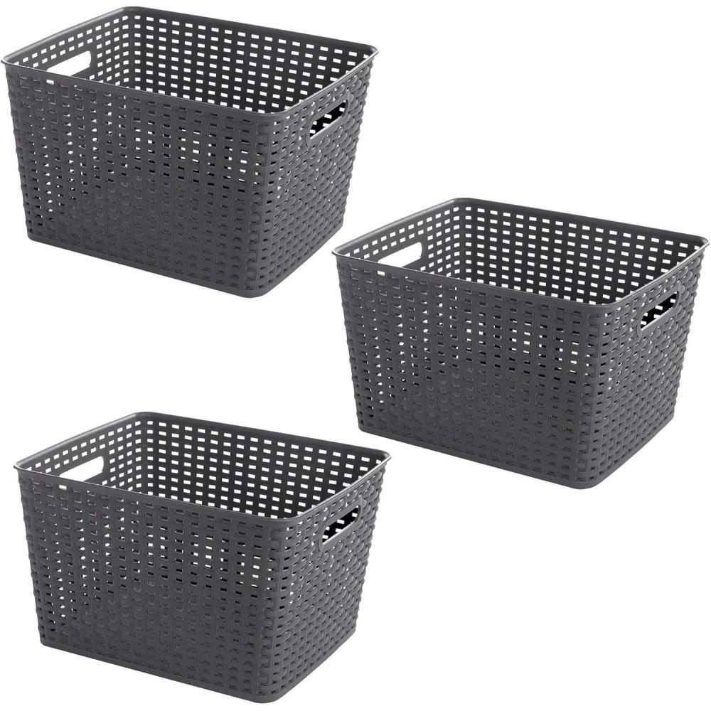 image:imageBINO Woven Plastic Storage Basket Grey 3PKL