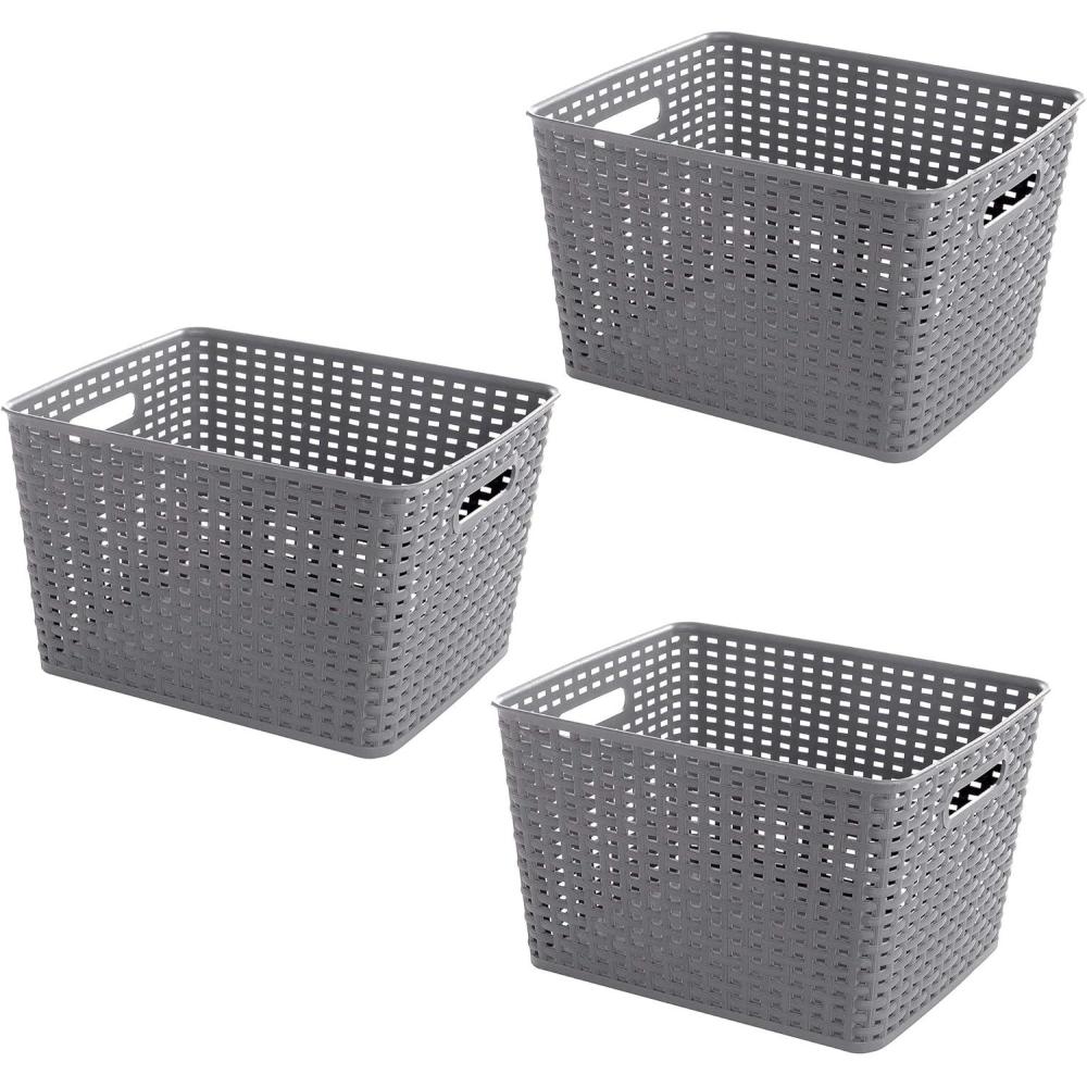 image:imageBINO Woven Plastic Storage Basket Light Grey 3PKL