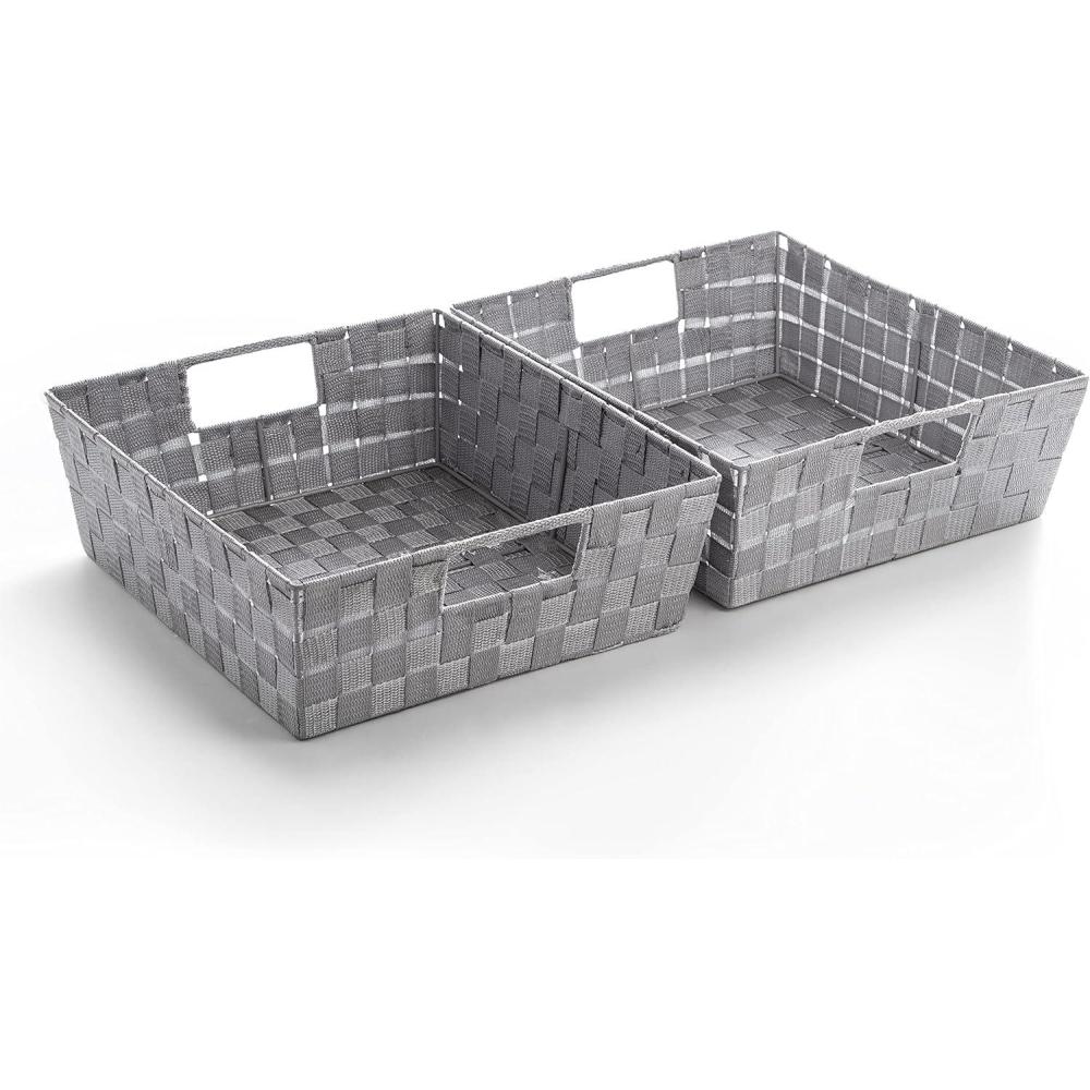 image:imageBINO Woven Strap Storage Basket With BuiltIn Carry Handles  Stylish Storage Organizer  Decorative Home Storage  Neat And Tidy Organizer Home Essentials Medium  Light Grey 2Pack