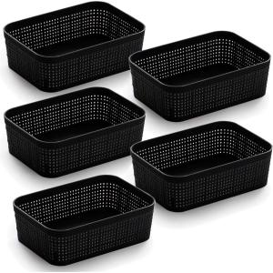 BINO | Woven Plastic Basket | XS (Black), 5-Pack | THE JUTE COLLECTION | Home Organization, Space – Saving Storage, Stylish Design | Jute Basket | Plastic Storage Basket(Black)
