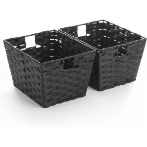 BINO 2 Pack Woven Resin Basket Organizer – Shelf Organizer with Built-in Carry Handles (Black, 2PK – M)