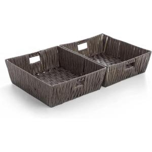 BINO 2 Pack Woven Resin Basket Organizer – Shelf Organizer with Built-in Carry Handles, Large – Dark Grey