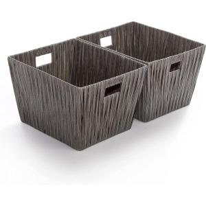 BINO 2 Pack Woven Resin Basket Organizer – Shelf Organizer with Built-in Carry Handles, Medium – Dark Grey