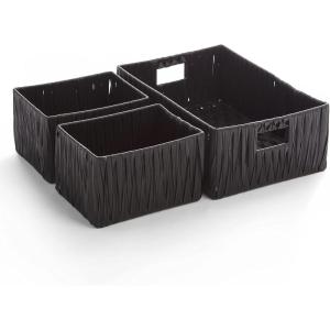 BINO 3 Pack Woven Resin Basket Organizer – Shelf Organizer with Built-in Carry Handles (Black)