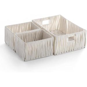 BINO 3 Pack Woven Resin Basket Organizer – Shelf Organizer with Built-in Carry Handles (White)