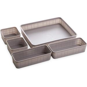 BINO 5-Piece Woven Plastic Storage Basket Set, Light Grey