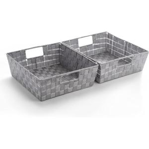 BINO Woven Strap Storage Basket With Built-In Carry Handles | Stylish Storage Organizer | Decorative Home Storage | Neat And Tidy Organizer, Home Essentials (Medium – Light Grey, 2-Pack)