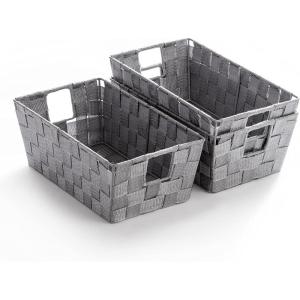 BINO Woven Strap Storage Basket With Built-In Carry Handles | Stylish Storage Organizer | Decorative Home Storage | Neat And Tidy Organizer, Home Essentials (Small – Light Grey, 3-Pack)