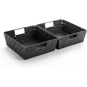 BINO Woven Strap Storage Basket With Built-In Carry Handles | Stylish Storage Organizer | Decorative Home Storage | Neat And Tidy Organizer, Home Essentials (Medium – Dark Grey, 2-Pack)